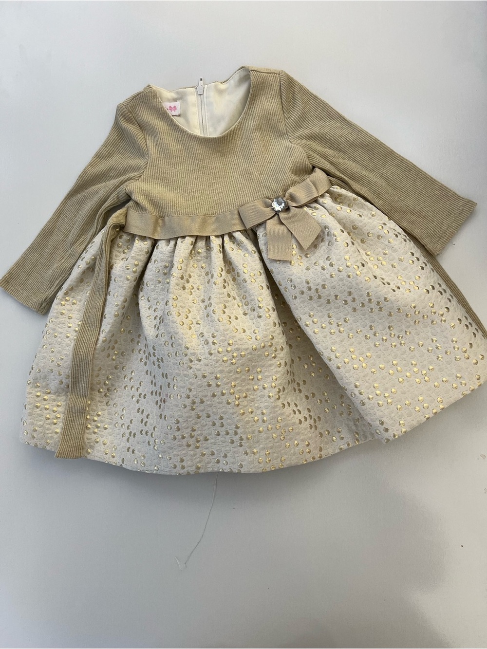 Bonnie Baby Cream Dress with Gold Dot Skirt and Bow